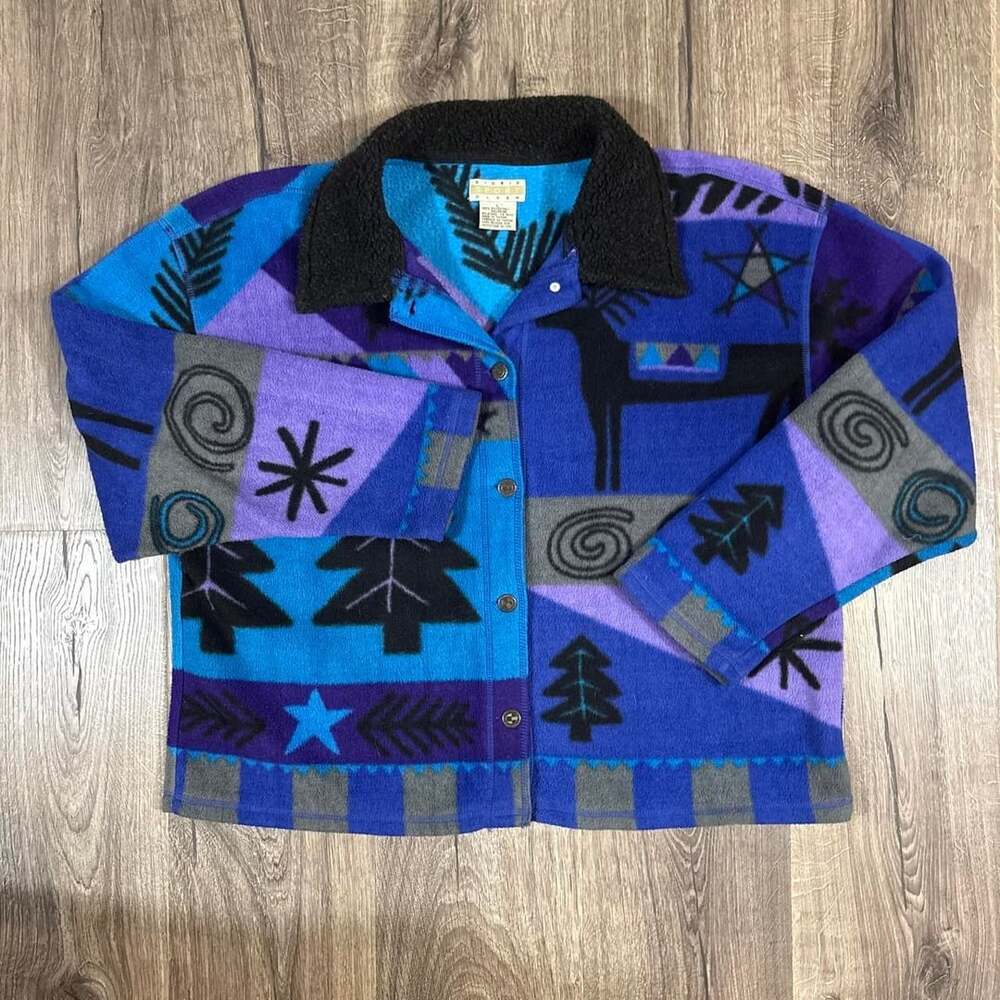 Sigrid Sport Olsen Fleece Jacket Size L Blue Purple Trees Reindeer